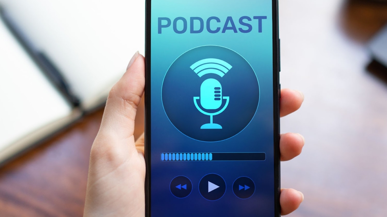 Podcast playing or recording application on mobile phone screen. Internet radio media concept